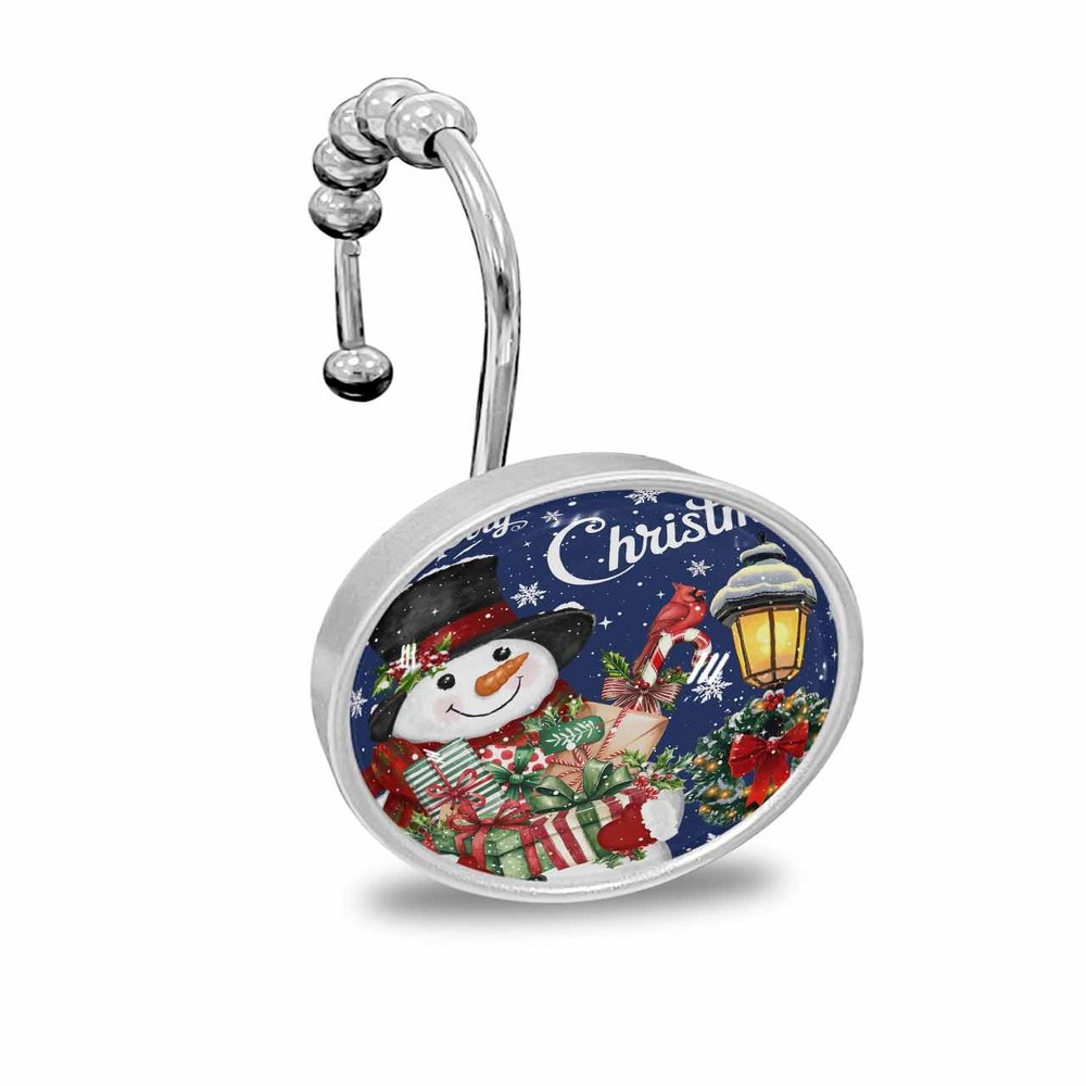 Shower Curtain Hooks Set of 12 Winter Christmas Snowman Presents Blue Decorative Rings for Bathroom Stainless Steel Rustproof Roller Shower Curtain Hangers for Bathtub