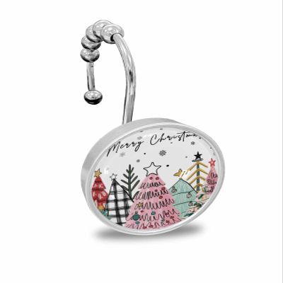 Shower Curtain Hooks Set of 12 Winter Abstract Christmas Trees Decorative Rings for Bathroom Stainless Steel Rustproof Roller Shower Curtain Hangers for Bathtub