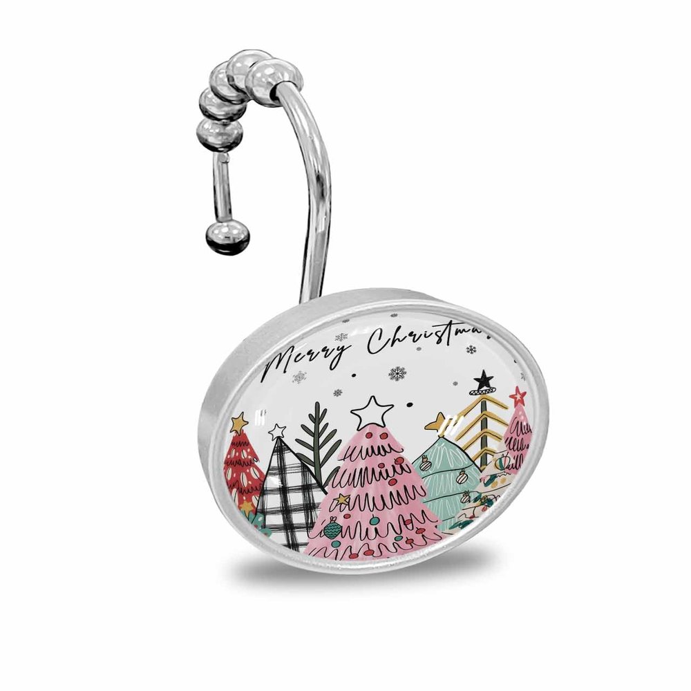 Shower Curtain Hooks Set of 12 Winter Abstract Christmas Trees Decorative Rings for Bathroom Stainless Steel Rustproof Roller Shower Curtain Hangers for Bathtub