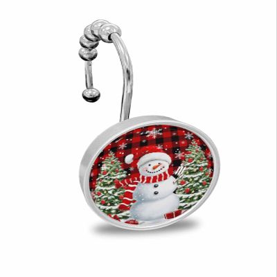 Shower Curtain Hooks Set of 12 Winter Snowman Christmas Trees Gift Plaid Decorative Rings for Bathroom Stainless Steel Rustproof Roller Shower Curtain Hangers for Bathtub