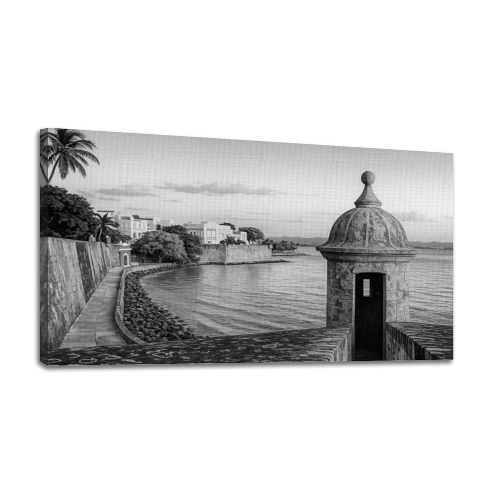 24"x 48" Canvas Wall Art turret along old san juan wall puerto rico puerto Framed Pictures Painting Prints Large Black and White Wall Art for Living Room Bedroom Abstract Home Wall Decor Artwork