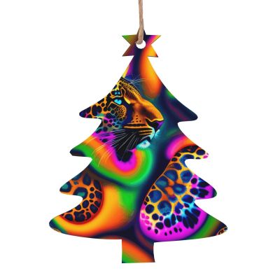Leopard Theme Wooden Hanging Ornaments Christmas Tree Shape 6 PCS for Holiday Decor, Vintage Bell Snowman Shape Pendants