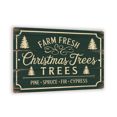 Farm Fresh Christmas Trees Sign Vintage Farmhouse Metal Wall Art With Pine, Spruce, Fir & Cypress Design, Rustic Holiday Decor 8x12