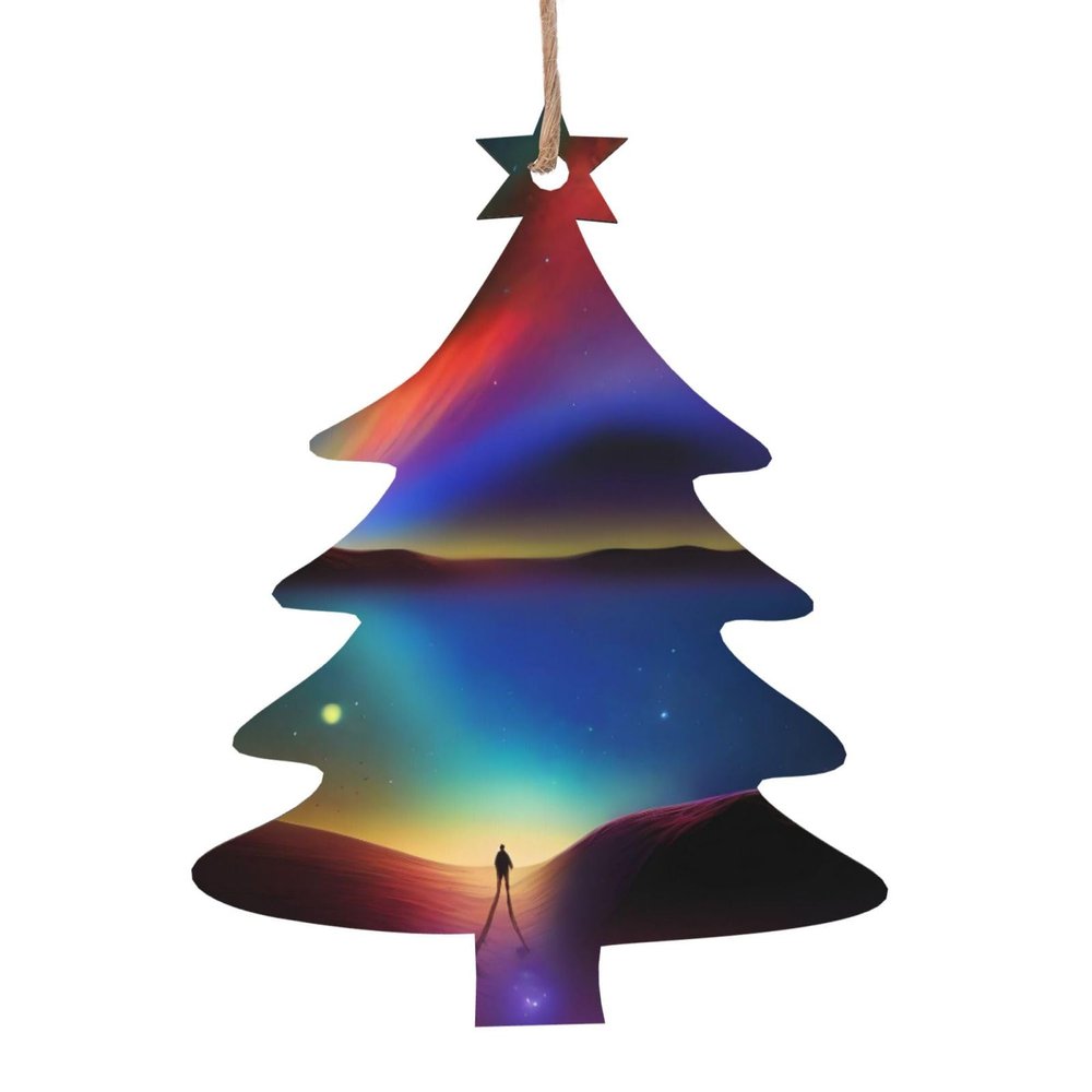 a Galactic Views Wooden Ornaments Christmas Tree Shape 4 PCS - Holiday Hanging Decorations for Home and Party Decor
