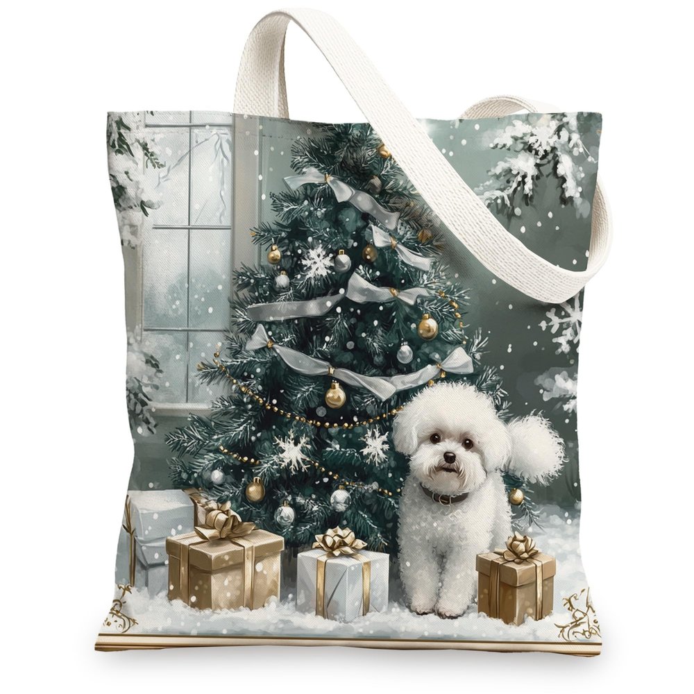Christmas Dog Canvas Tote Bags, Festive Animal Print Reusable Grocery Bags, Vintage Lightweight Washable Shoulder for Travel Beach Picnic 13x15 Inch