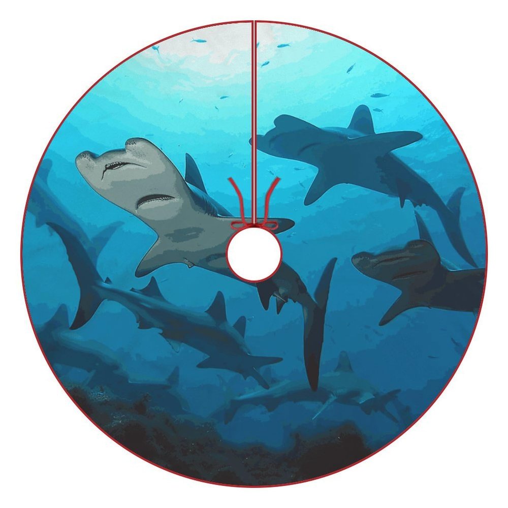Christmas Tree Skirt Ornaments 30"x30" Xmas Tree Skirt with Stitched Edges Winter Holiday Hammerhead Sharks Tree Mat Base Cover for New Year Party Decor Home Indoor Outdoor Decorations