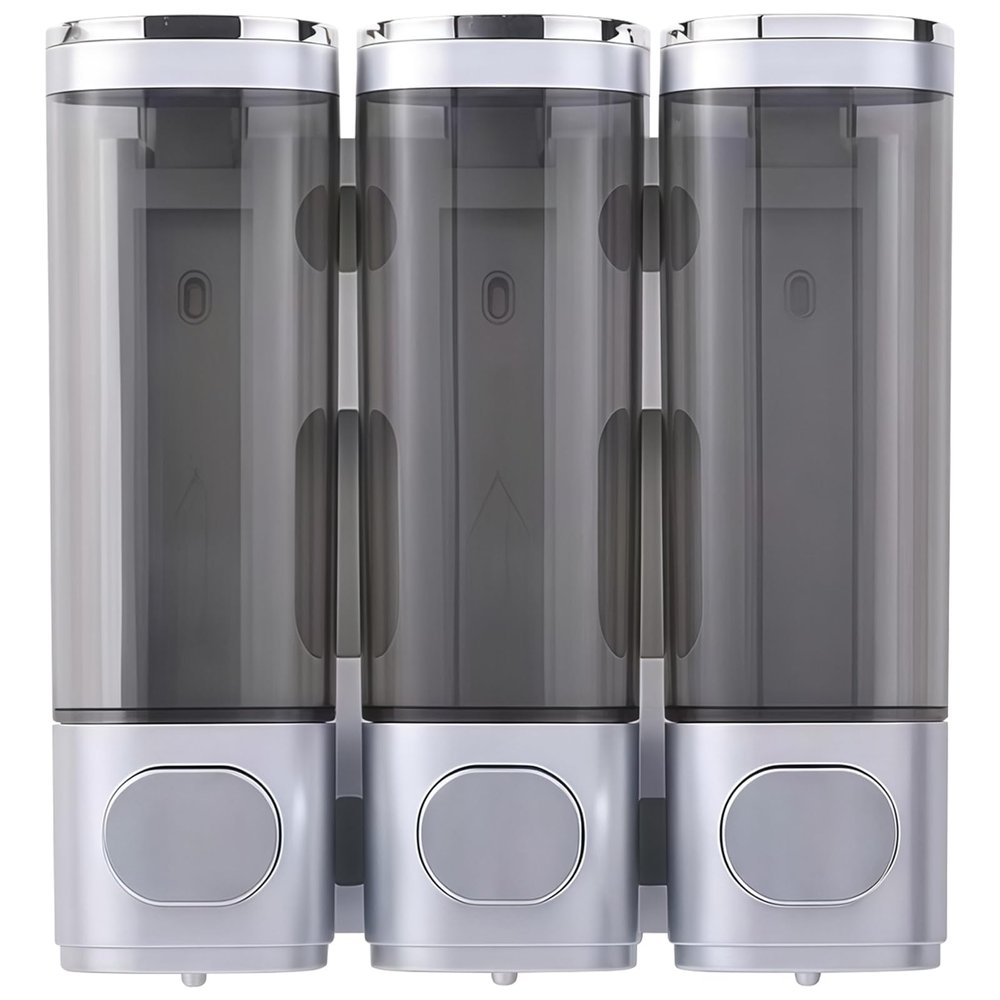 3-Compartment Shower Dispenser, Wall-Mounted Shampoo And Conditioner System, No-Drill Installation For Bathroom And Hotel, Silver Press Pump