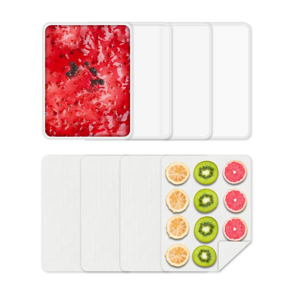 4 Pcs Silicone Food Dehydrator-Trays with Edge, 4 Pcs Mesh Dehydrator Mats,Reusable Non Stick Silicone Sheets (12.52 x 9.84in) for Liquids,Fruit Leather,Herbs,Meat and Yogurt