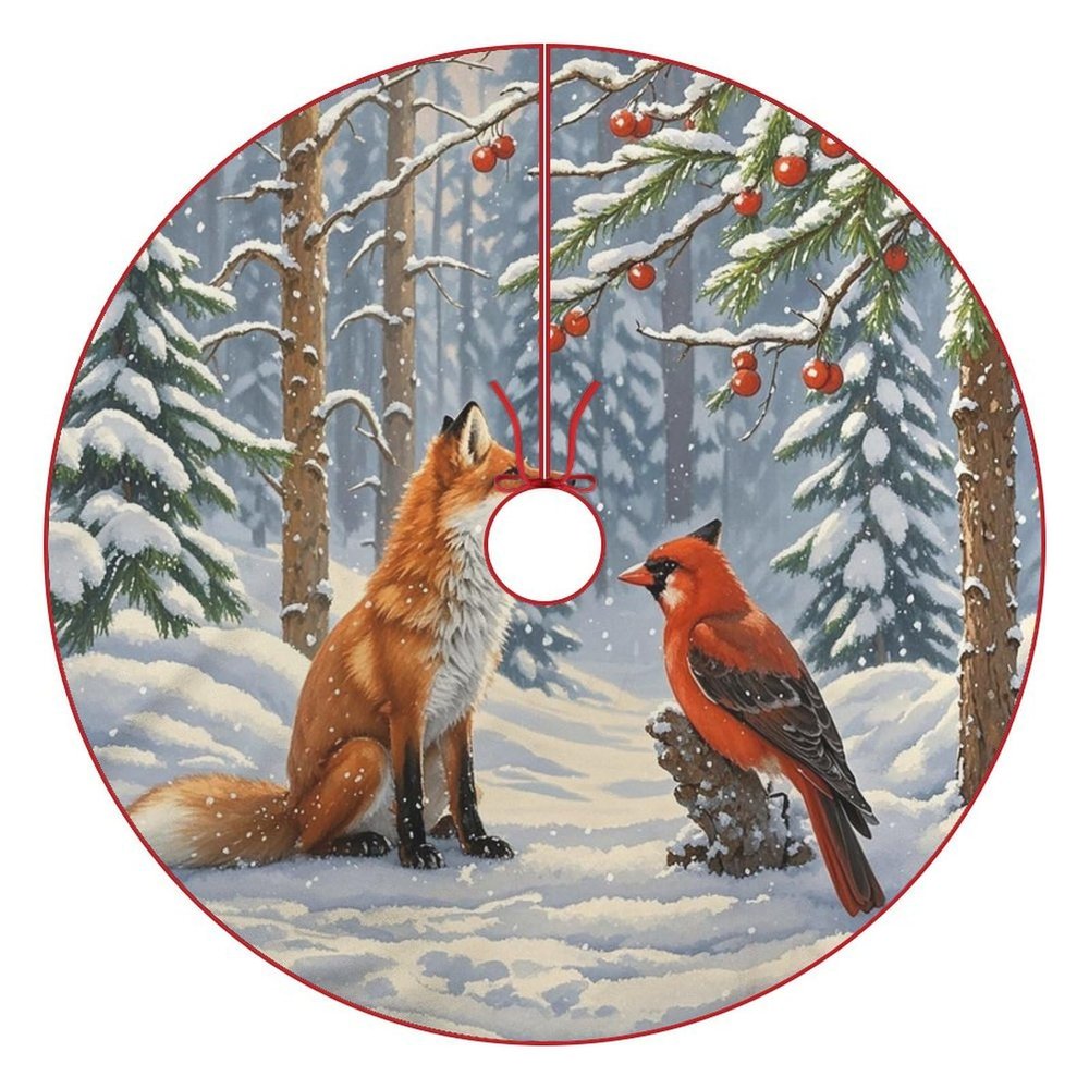 Christmas Tree Skirt Ornaments 30"x30" Xmas Tree Skirt with Stitched Edges Winter Holiday Winter Snow Fox Tree Mat Base Cover for New Year Party Decor Home Indoor Outdoor Decorations
