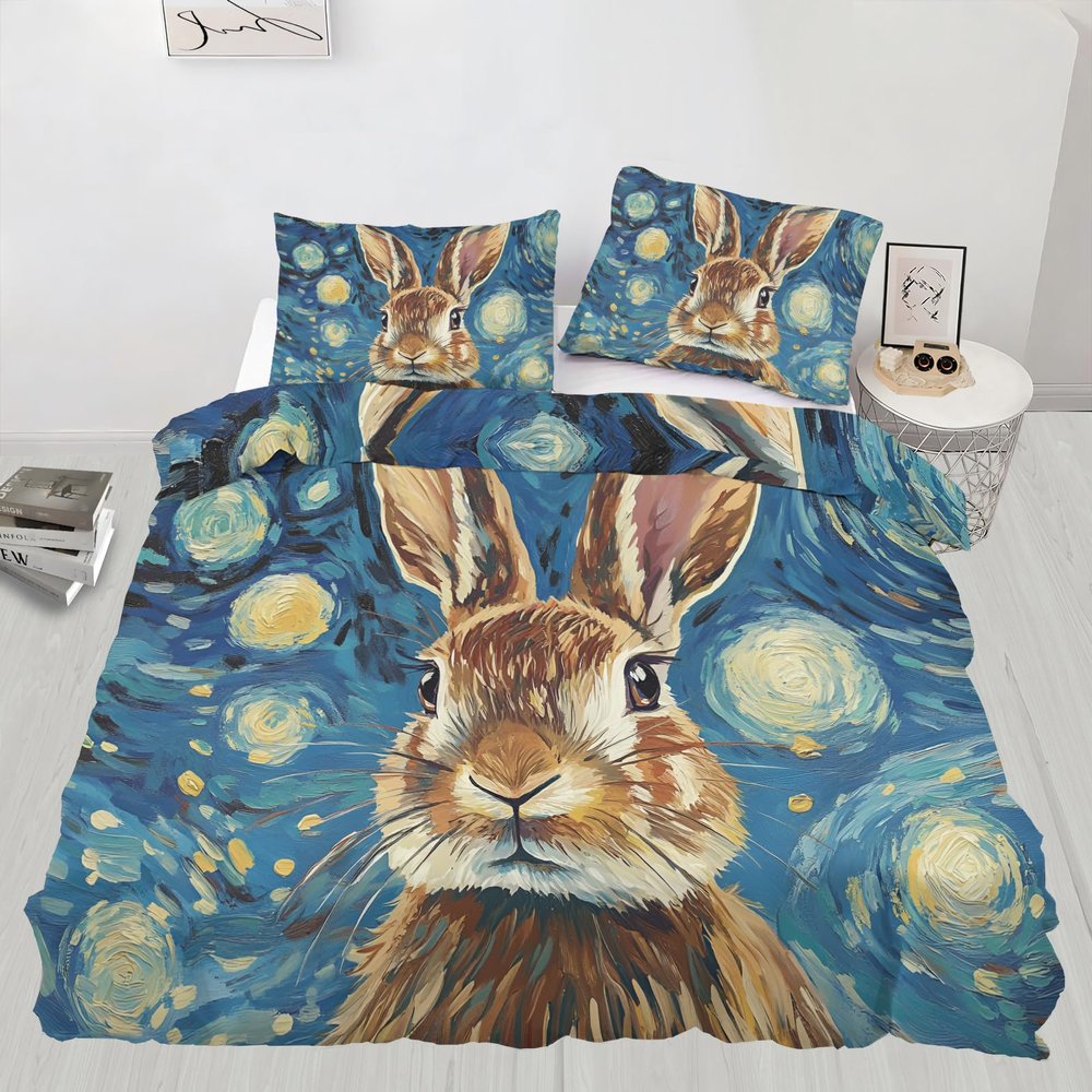 GKPLY Rabbit Comforter Set, Starry Night Blue Duvet Cover King, Cute Kids Bedding with 2 Pillowcases, Duvet Cover with Zipper, 3 Pieces, Reversible Bedding Set