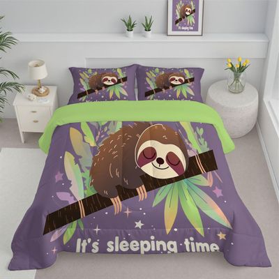 ANALTIRCE Cute Animals Comforter Set Full Size, Cartoon Sloth Bedding Set for Teens Adults Room, Violet Soft 80" x 90" Quilt with 2 Pillow Cases, Lightweight Violet Quilt for All Season
