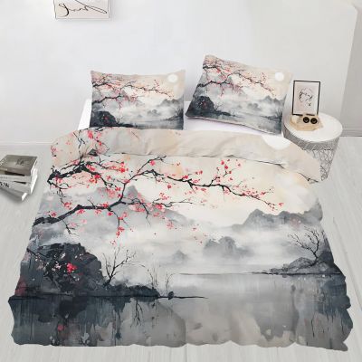 GKPLY California King Japanese Comforter Set, Cherry Blossoms Bedding Set, Vintage Painting Duvet Cover with Zipper & Ties, Reversible Bedding & Bedroom Decor, 3 Pieces, 2 Pillow Cases
