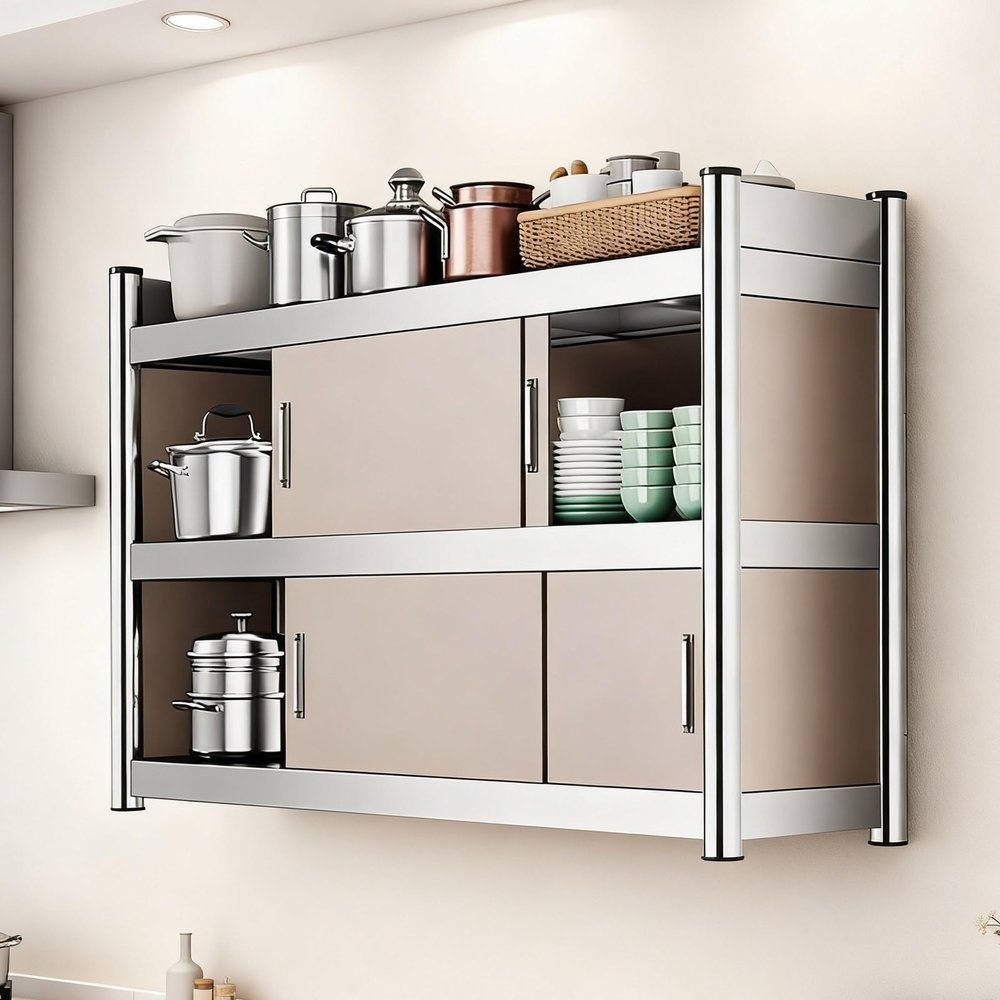 Stainless Steel Upper Cabinets Wall Cabinets for Laundry Room with Sliding Doors Wall Mounted Cabinet for Kitchen(Champagne,120x30x75cm/47.2x11.8x29.5in)