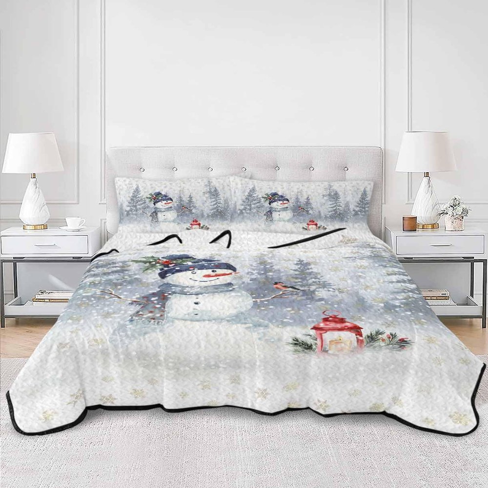 TocaHome Winter Quilts Twin Size, Lightweight Quilted Coverlet Snowman Comforter Set for Bed, Bedspreads Christmas Golden Snowflakes Pine Tree Forest Snowy Quilt Bedding with 2 Pillowcases 68x86 Inch