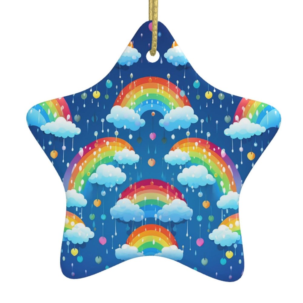 2025 Christmas Ornament - Rainbow Clouds Raindrop Ceramic Ornament Star Christmas Tree Hanging Ornaments with Gold Ropes Christmas Tree Decorations for Xmas Holiday Home Decor Gift