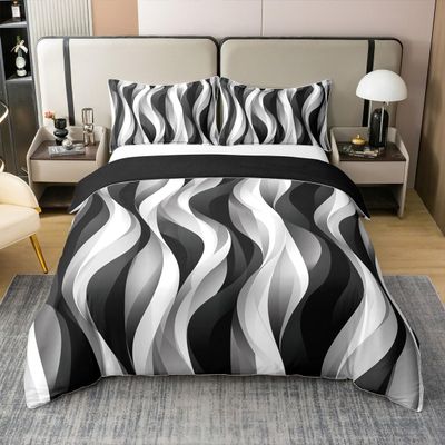 100% Cotton Modern Grey Black and White Striped King Comforter Cover for Adult Women Men - Gray and White Duvet Cover Graffiti Aesthetic Lines Bed Set Minimalists Abstarct Modern Bedding Set