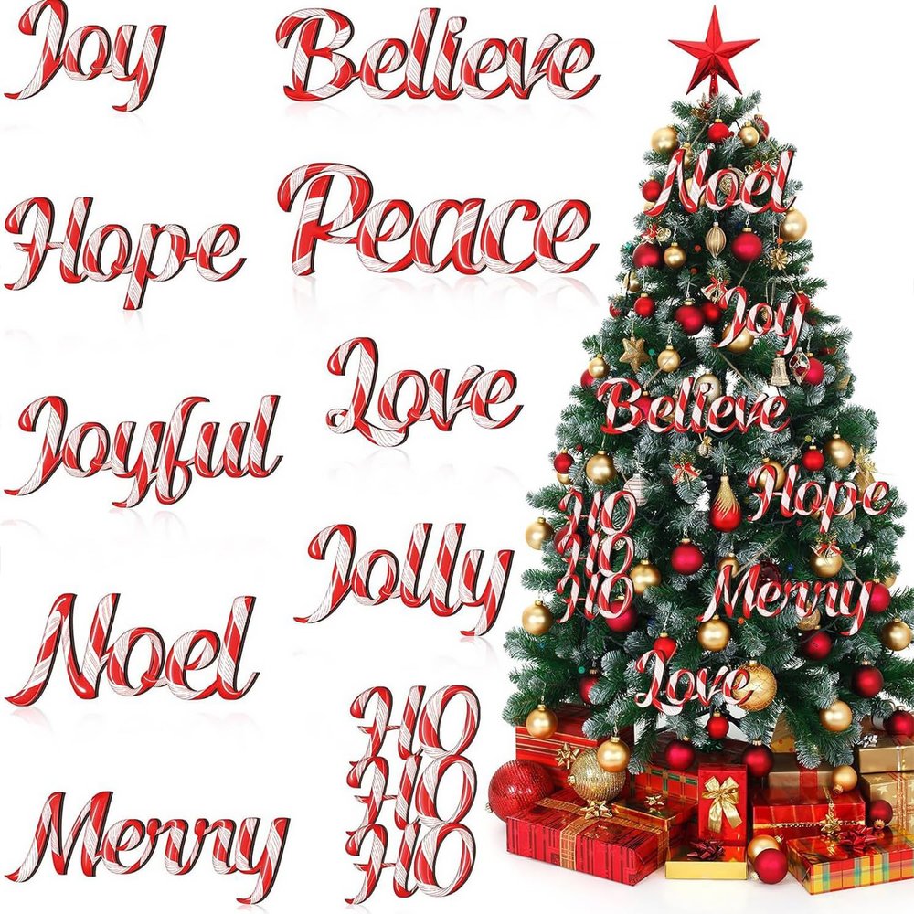 10Pcs Christmas Tree Decorations Red and White Letters Hanging Wooden Ornament Set Festive with Candy Cane Design Merry Christmas Letter Joy Wooden Ornaments for Xmas Winter Holiday Party Home Decor