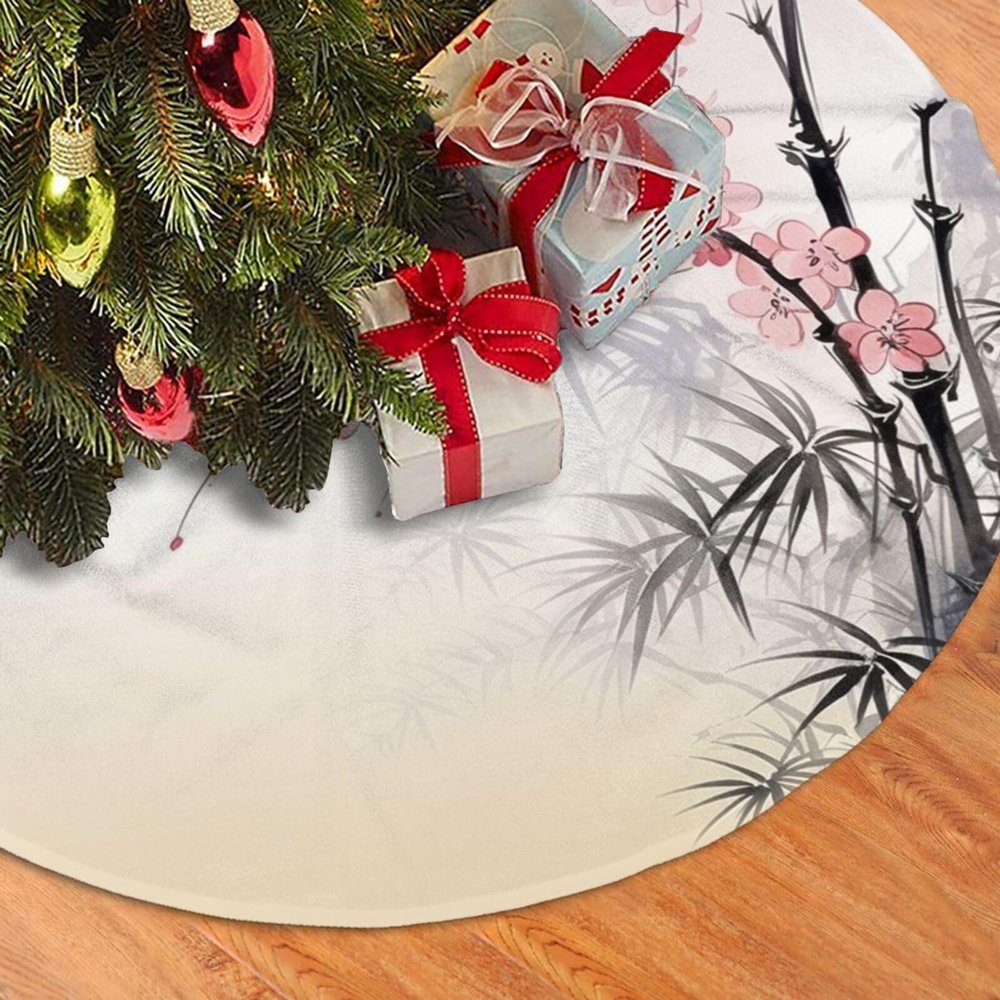 Cherry Blossoms Tree Zen Christmas Tree Skirt 48" Soft Plush Tree Collar Winter Xmas Tree Mat Farmhouse Xmas Ornaments Holiday Party Indoor Outdoor Christmas Decorations