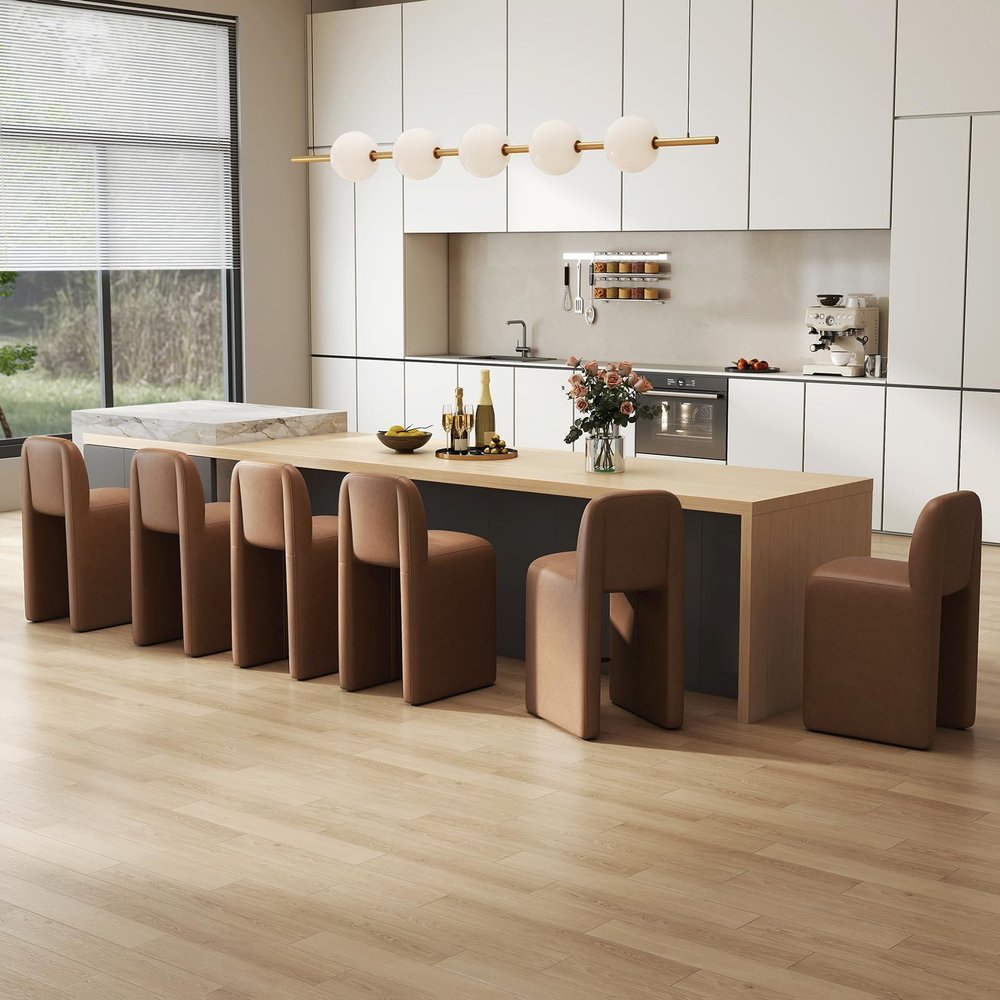 ChicAura 26" Upholstered Counter Height Bar Stools Set of 6, Modern Brown Leather Bar Stools with Support Back S for Kitchen Island/Breakfast/Dining Room/Cafe/Pub
