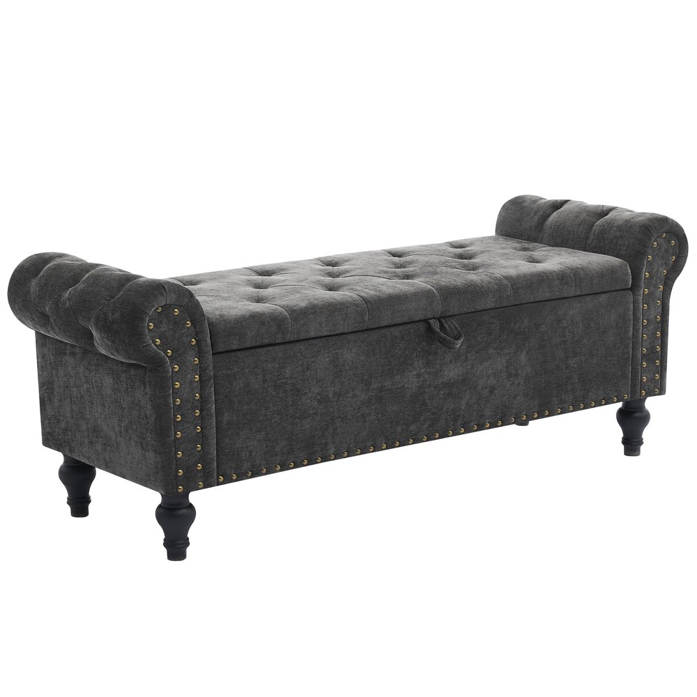 Dowiean 51" Storage Ottoman Bench, End of Bed Bench for Bedroom, Chenille Upholstered Benches for Foot of Bed, Window Benches, Storage Ottomans for Living Room, Entryway, Dark Gray