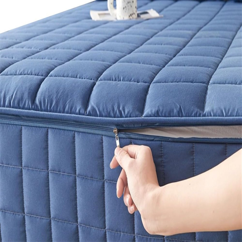 Thickened Quilted Mattress Protector - Mattress Cover Zippered Encasement, 90x190/90x200/180x200 cm, Breathable, Non-Slip, Fits Twin/Queen/King & Custom Sizes(Navy Blue,120x190x35cm)
