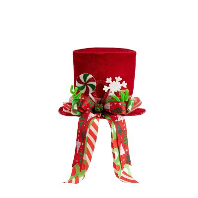Vintage Red Candy Cane Christmas Tree Topper Top Hat with Peppermint Bows Ribbon Print for Home Office Holiday Decoration Xmas Gift (Red, One Size)