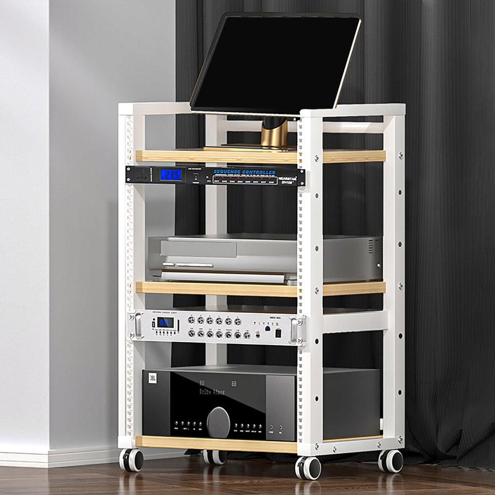 3-Tier Audio Rack with Wheels, Adjustable AV Media Stand, Modern Stereo Cabinet, Metal Frame TV Stand for Living Room, Meeting Room, Recording Studio (White, 52.5x40x83CM)