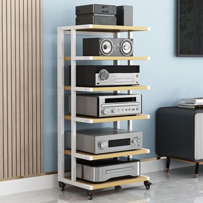 6-Tier Audio Rack, Movable AV Media Stand, Wooden Storage Cabinet for Entertainment Center, Stereo Shelf for DVD Players, TV Box & Game Consoles - Stylish White Design