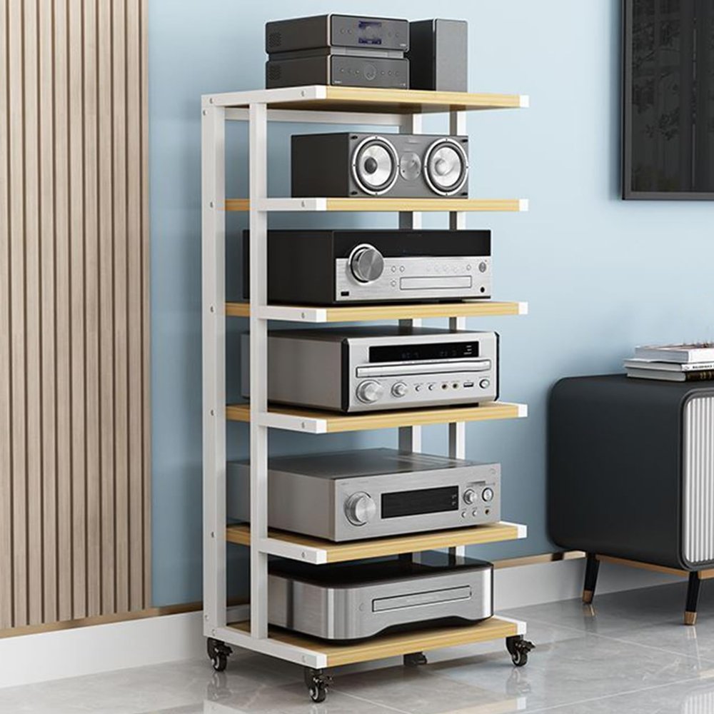 6-Tier Audio Rack, Movable AV Media Stand, Wooden Storage Cabinet for Entertainment Center, Stereo Shelf for DVD Players, TV Box & Game Consoles - Stylish White Design
