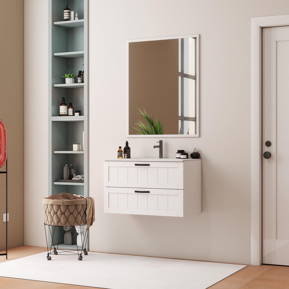 Bathroom Vanity,31.5" Wall-Mounted Floating,Cabinet w/Sink Combo,Soft-Close System,2 Extra-Large Drawers,Solid Wood Construction for Modern Space-Saving Storage Solution,Narrow Shelves,White