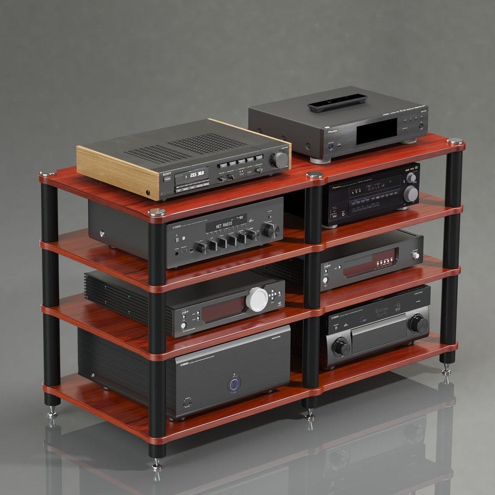 2-Tier Stereo Stand, Corner AV Media Rack, Mahogany Audio Cabinet, Entertainment Storage Shelf, Video Media Tower for Audio Components (120x48x75cm)
