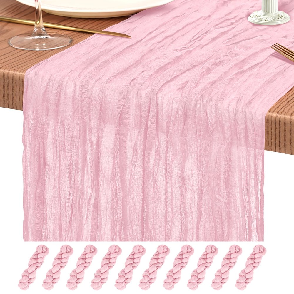 10 Pack Light Pink Cheesecloth Table Runner 10FT Boho Gauze Cheese Cloth Table Runners Romantic Rustic Sheer Table Decorations for Wedding Party Baby Shower Birthday Holiday Home