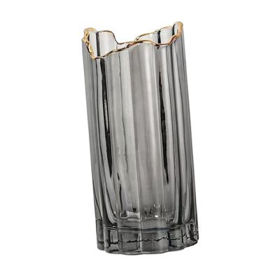 TOYANDONA Wavy Rim Glass Flower Vase with Gold Trim Nordic Style Hydroponics Bottle for Desktop Floral Arrangement Small Gray Decorative Container for Living and Balcony Decor