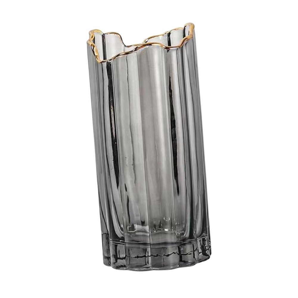 TOYANDONA Wavy Rim Glass Flower Vase with Gold Trim Nordic Style Hydroponics Bottle for Desktop Floral Arrangement Small Gray Decorative Container for Living and Balcony Decor
