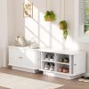 AKMAKM Fluted Shoe Storage Bench, 63" W Long Entryway Bench with Sliding Door, Mud Room Benches with Seat, Upholstered Wooden Rack Organization for Living Room, Apartment, Dorm, Oak, Natural2PCS view 1