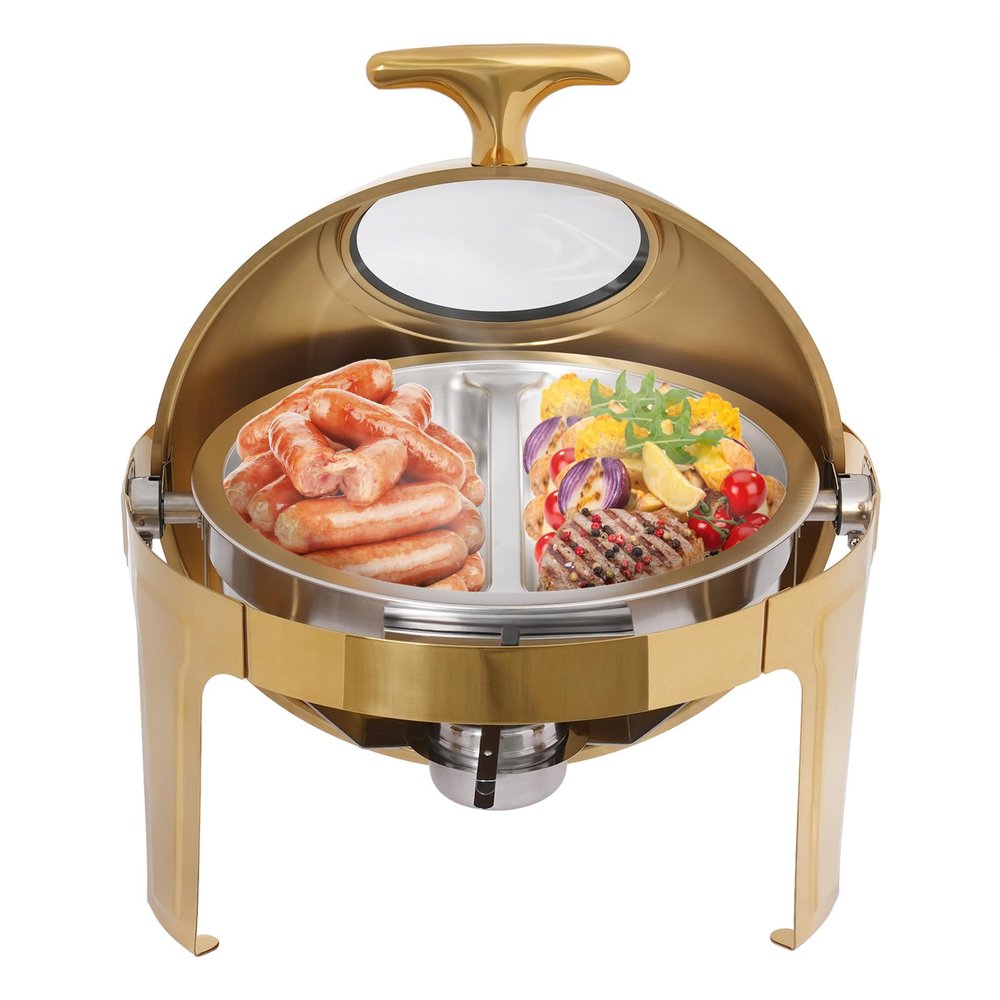 Roll Top Chafing Dish Buffet Set, Round Chafing Dish for Buffets with Two 8.5-Quart Compartments, Stainless Steel Food Warmer Chafer with Clear Window Food Pan for Catering, Parties and Banquets