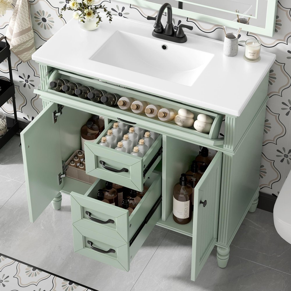 36 Inch Bathroom Vanity with Sink Combo, Green Freestanding Cabinet with Ceramic Basin, MDF + Solid Wood Frame, Flip-Out Top Drawer, Soft Close Doors, 2 Storage Drawers, Black Handles