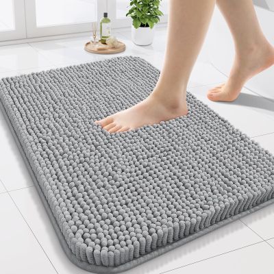 Arotive Bathroom Rugs 24x16, Extra Soft Absorbent Shaggy Chenille Bath Rugs, Machine Washable Rubber Backing Non-Slip Bath Mats for Bathroom Floor Tub and Shower, Home Decor Accessories, Light Grey