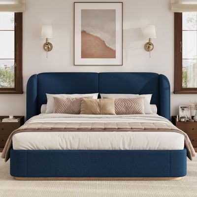 Merax Queen Size Upholstered Boucle Bed Frame, Modern Platform Bed with Double Pillow Headboard, Heavy Duty Wood Slat Support for Bedroom Apartment, Dark Blue