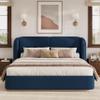 Merax Queen Size Upholstered Boucle Bed Frame, Modern Platform Bed with Double Pillow Headboard, Heavy Duty Wood Slat Support for Bedroom Apartment, Dark Blue view 1