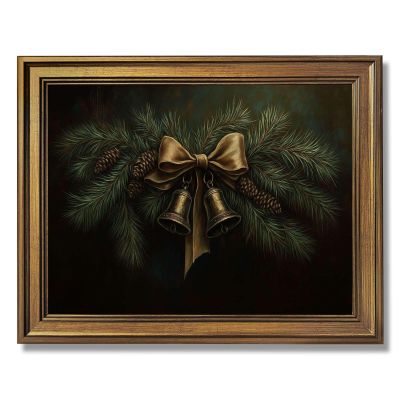 Framed Christmas Bells and Pine Cones Poster Canvas Print Art, Vintage Wall Art Painting Pictures, Elegant Home Decor Wall Decoration for Living Room, Apartment and Office. (Gold Framed,12L X16W)