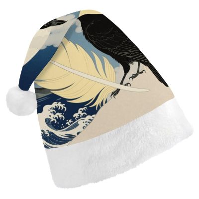 FodPand Black Raven Moon Santa Hat Christmas Hats Comfort Plush Xmas Holiday Hat for Adults New Year Festive Party Headwear