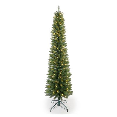 6ft Christmas Tree 5ft Pre-Lit Pencil Christmas Tree Green Slim Artificial Christmas Tree with Metal Base, for Holiday Decor