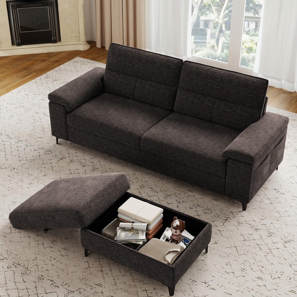 88.97" L Shaped Sectional Couches for Living Room, Deep Seat Sofa with Storage Ottoman & 8Cushion, Comfy 2-Seater Chenille Loveseat, Convertible Armrest, Removable Cover for Small Space(Dark Gray)