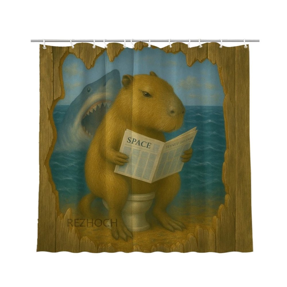 REZHOCH Capybara Sitting on Toilet Reading Newspaper Shark Shower Curtain Durable Waterproof Fabric Bathtub Sets Funny Animal Home Bathroom Decoration 72x72inch with 12 Hooks