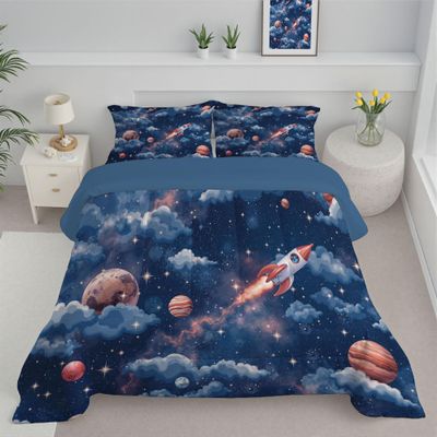 ANALTIRCE Coverless Quilt King 104" x 90" Comforter Set with 2 Shams, Dreamy Clouds Coverless Duvet, Machine Washable Microfiber Cartoon Starry Sky Bed Quilt for All Seasons Blue