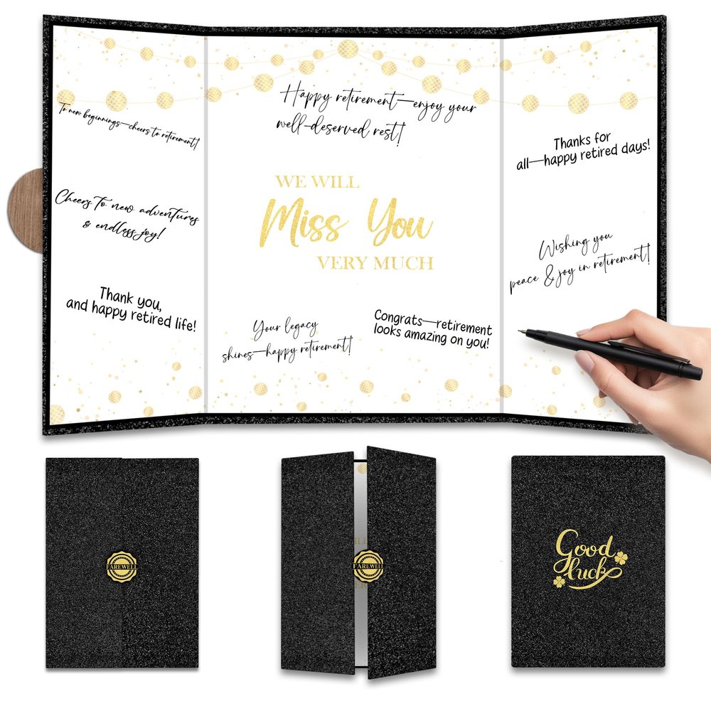 Black Glitter Farewell Party Decoration - We Will Miss You Guest Book - Retirement Alternative Signature Book for Women Men - Signing Card Board Retirement Gifts For Farewell Party Supply & Favors-A04