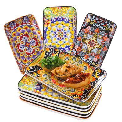 9 Inch Serving Platters Set of 6,Rectangular Dessert Plates Bohemian