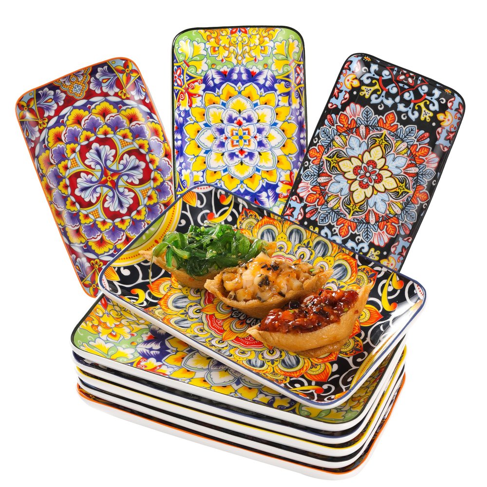 9 Inch Serving Platters Set of 6,Rectangular Dessert Plates Bohemian