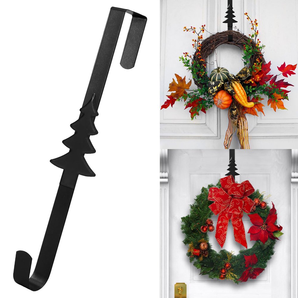 15 inches Christmas Decorative Wreath Hangers for Front Door;Over the Door Hooks (Black, Christmas Tree)